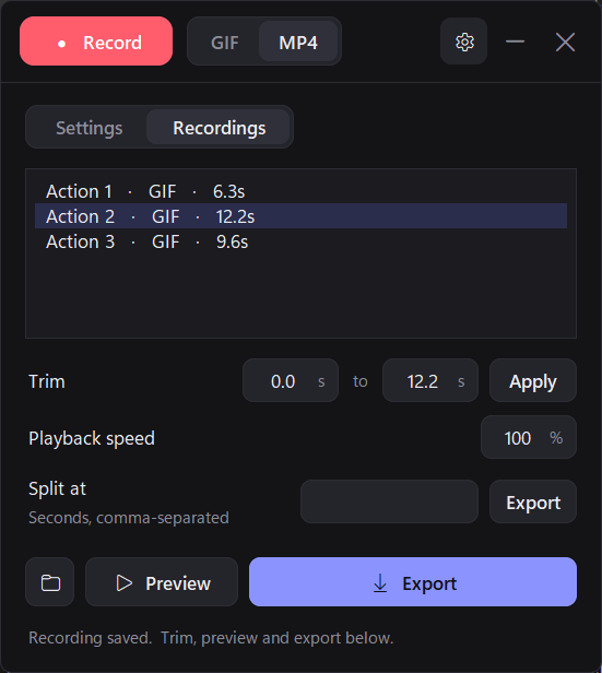 RipFrame's recordings panel: recorded clips with trim, speed, split and export controls